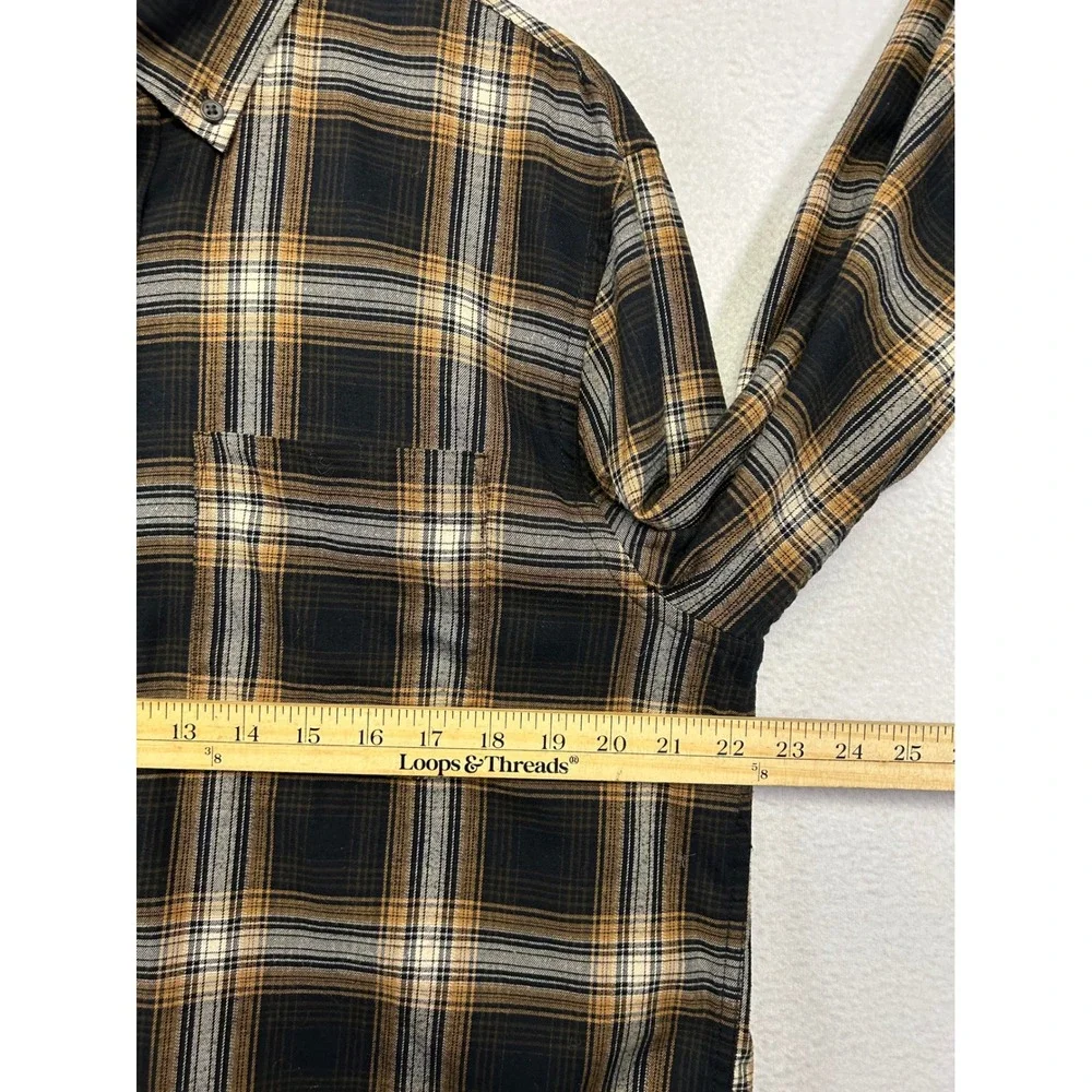 Dark Academia Banana Republic Mens Large Black Brown Plaid Untucked Button Down